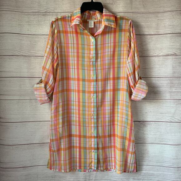Bleu Rod Beattie Sheer Colorful Plaid Button Up Shirt Swim Cover Up Tunic Size S - Picture 1 of 16
